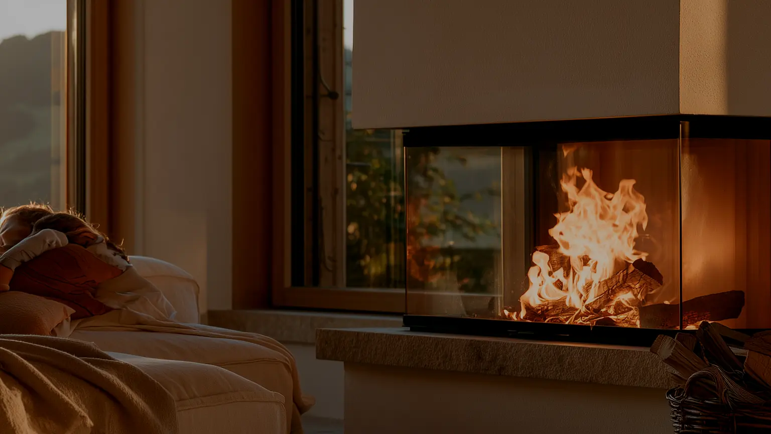 Glass fronted fireplace in a living room in evening light