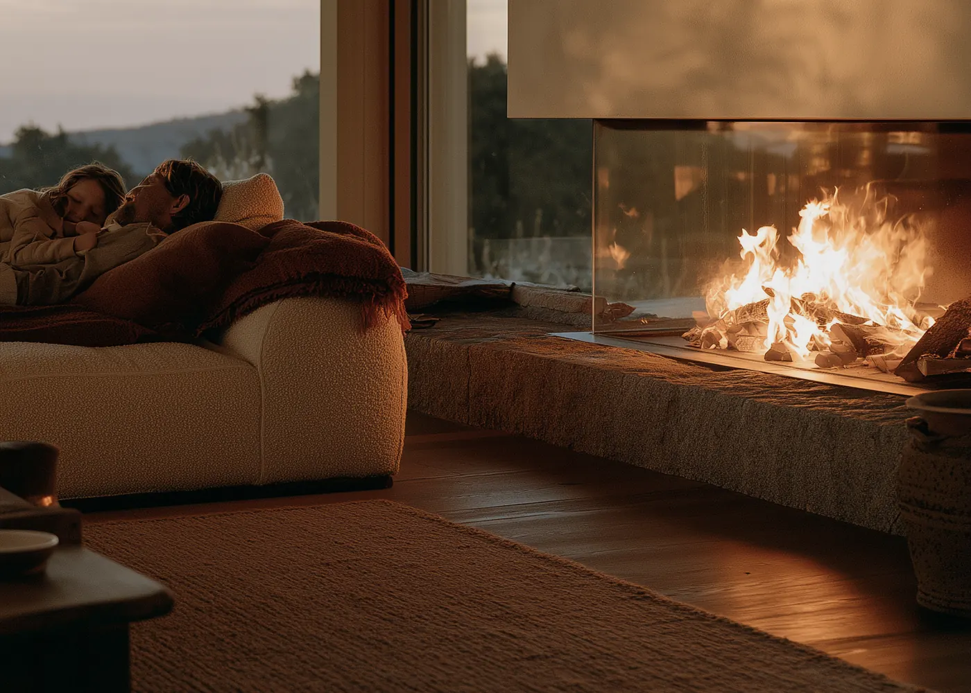 Couple by the fire of a heat-retaining stove in evening light